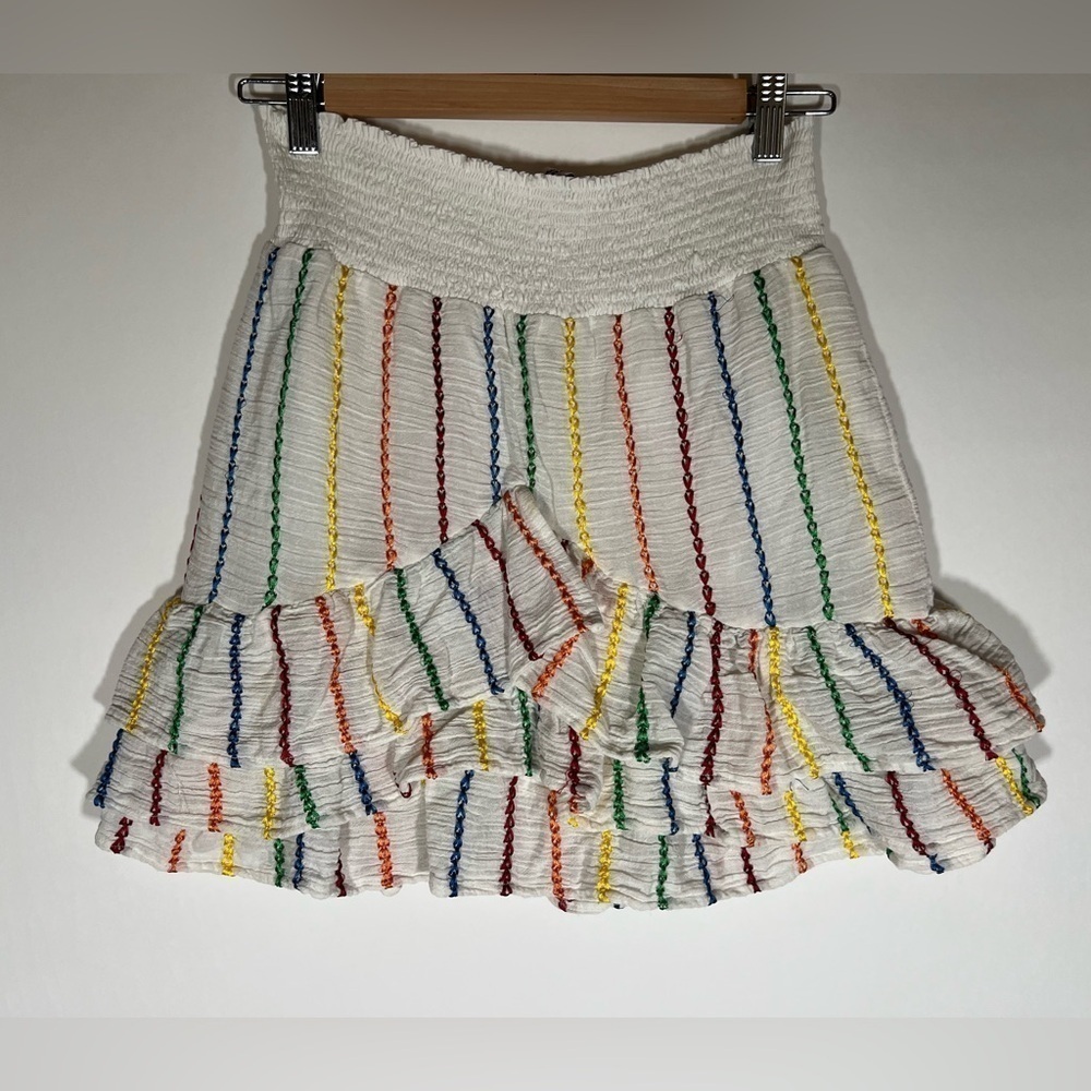 Place Nationale white rainbow striped gauzy festival mini skirt sz M elastic